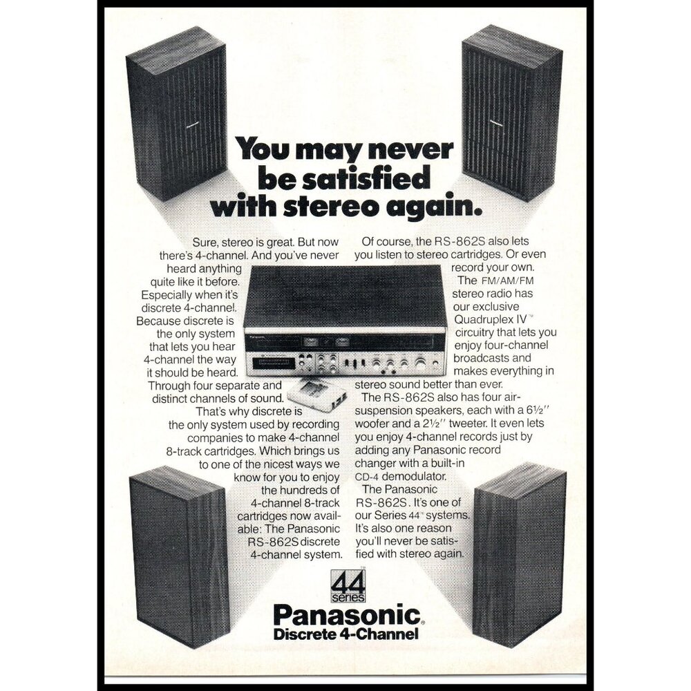 1974 Panasonic 44 Series RS-862S Stereo Vintage Print Ad Audiophile Wall Art